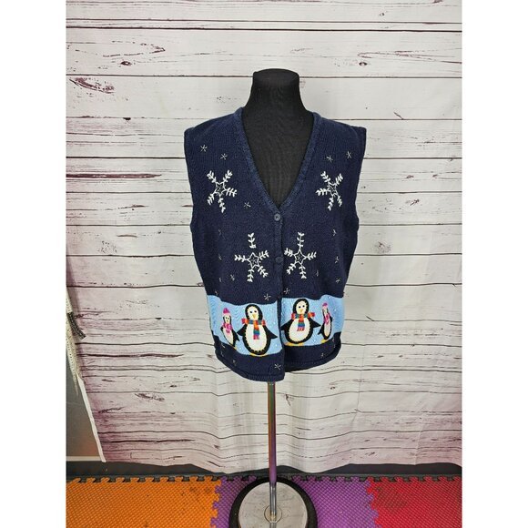 Vintage Womens Winter Sweater Vest Blue Knitted with Penguins and Snowflakes Siz - Picture 2 of 13